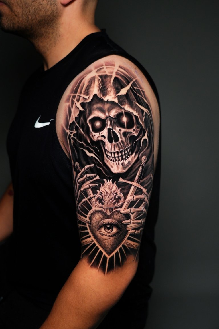 black and grey tattoo sleeve