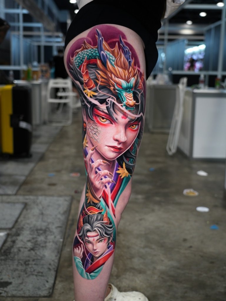 color tattoo full right leg