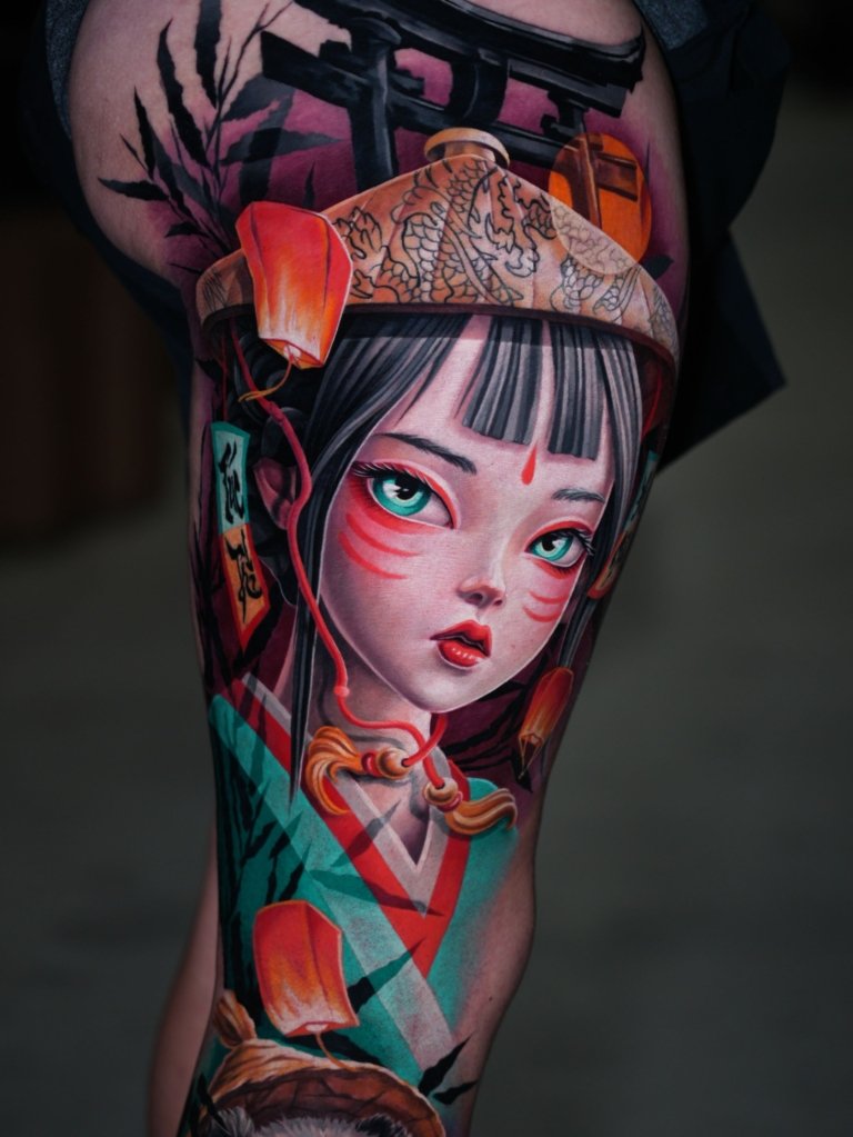 full leg evil doll tattoo style