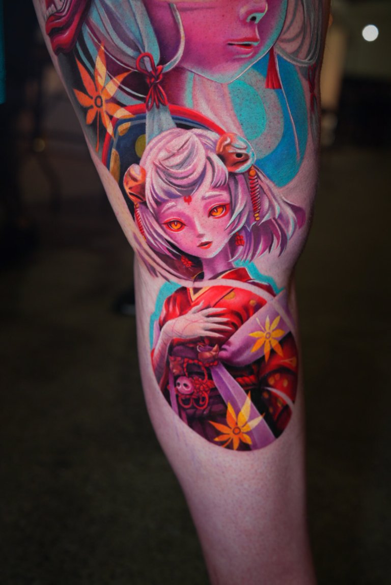 full leg evil doll tattoo style