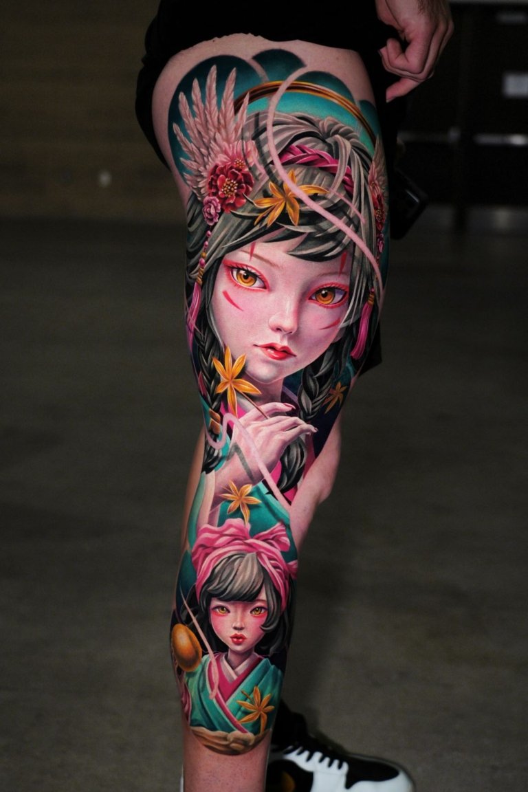 full leg evil doll tattoo style