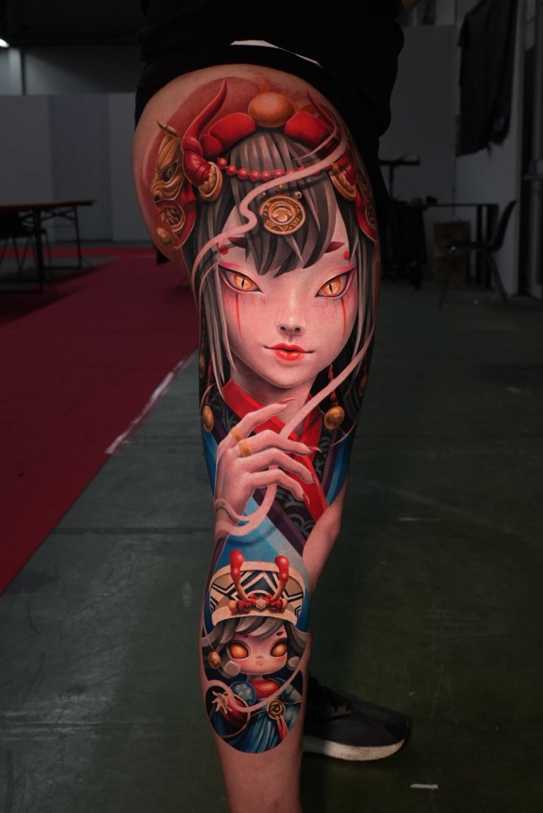full leg evil doll tattoo style
