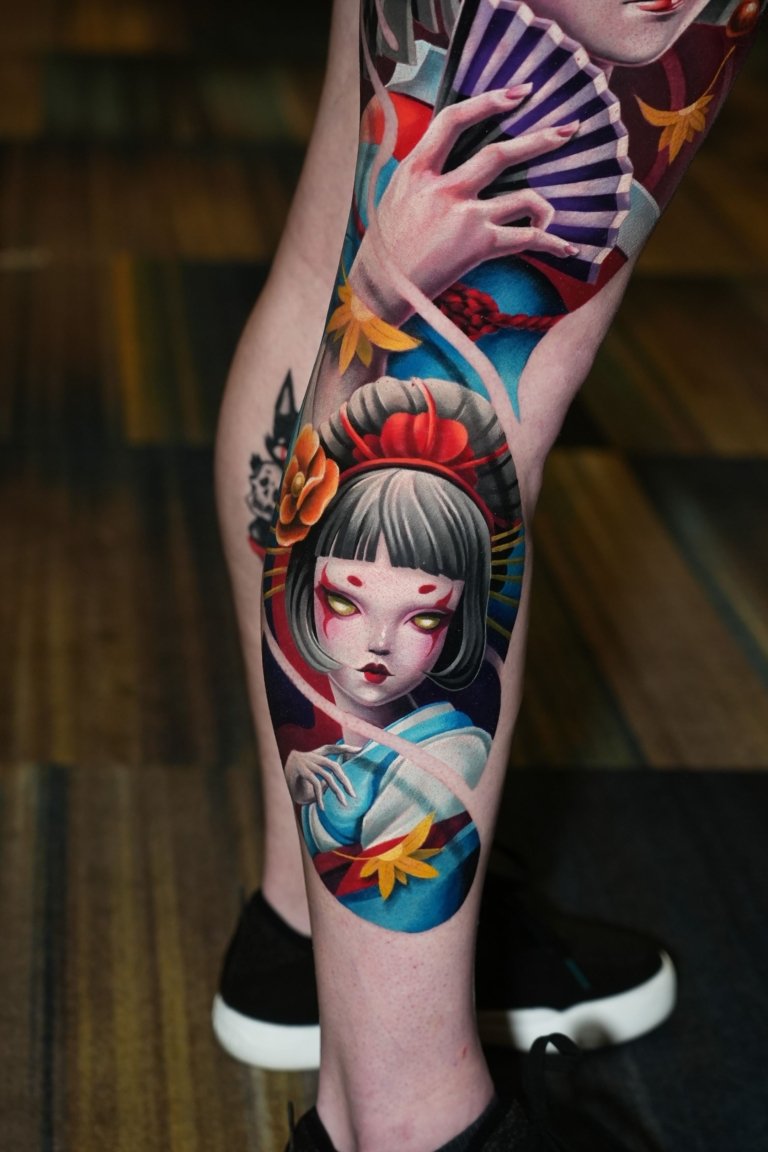 full leg evil doll tattoo style