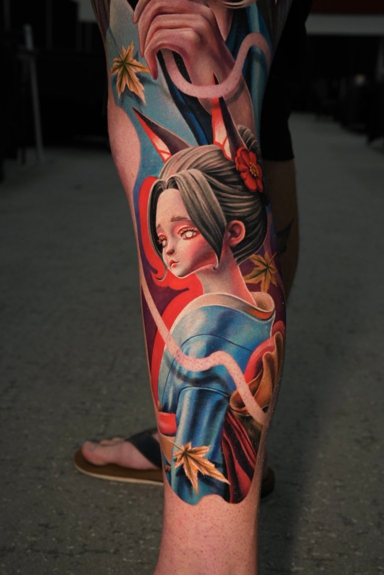 full leg evil doll tattoo style