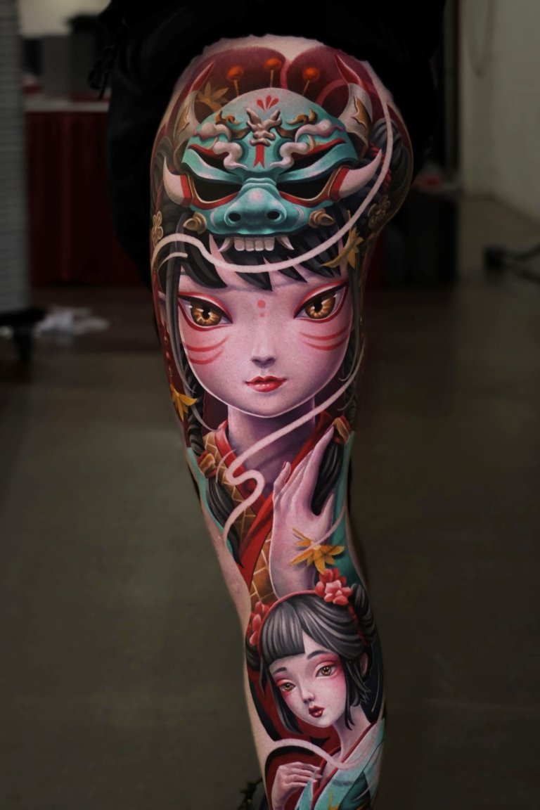 full leg evil doll tattoo style