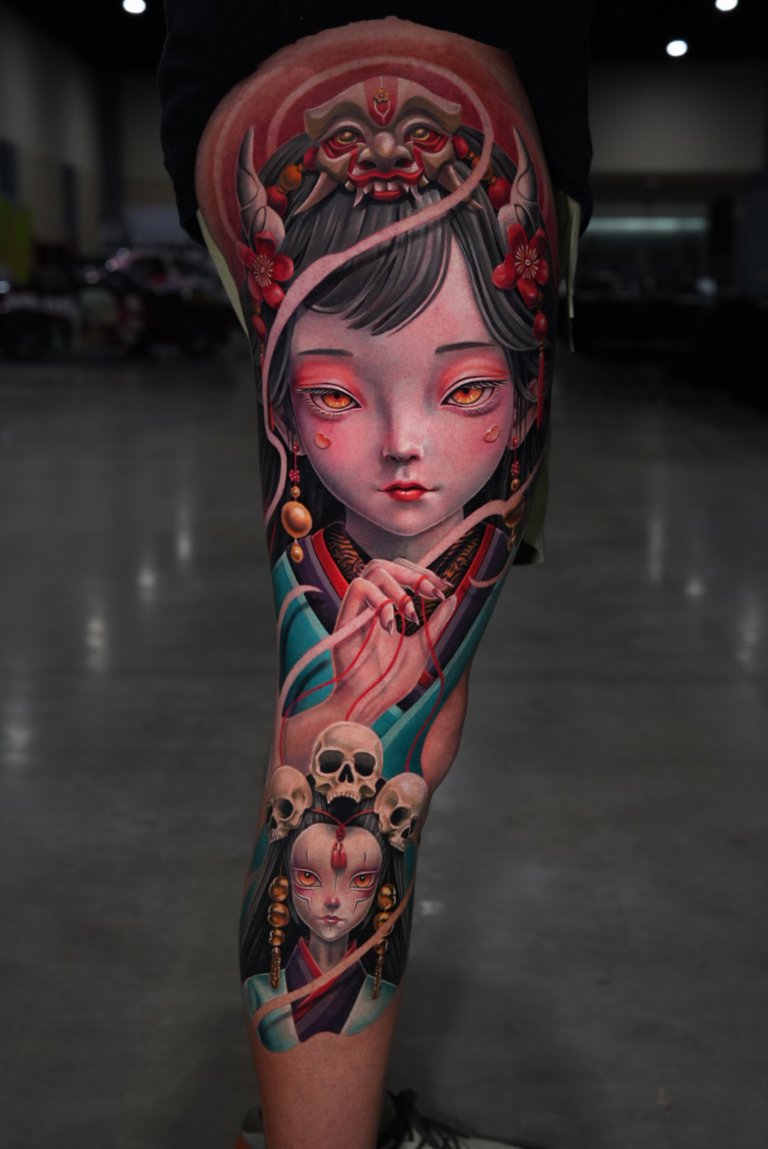 full leg evil doll tattoo style