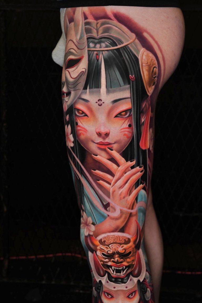 full leg evil doll tattoo style
