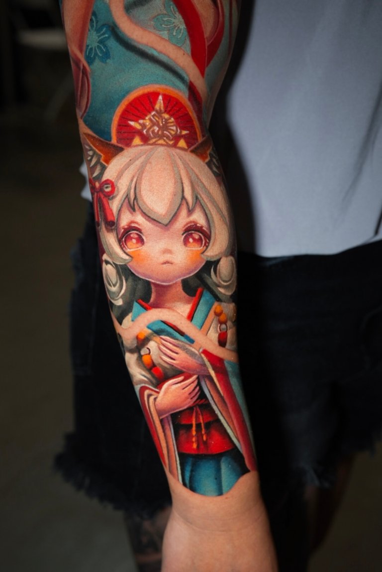 full sleeve evil doll tattoo style