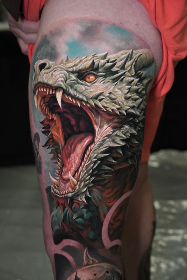 realism tattoo style on leg