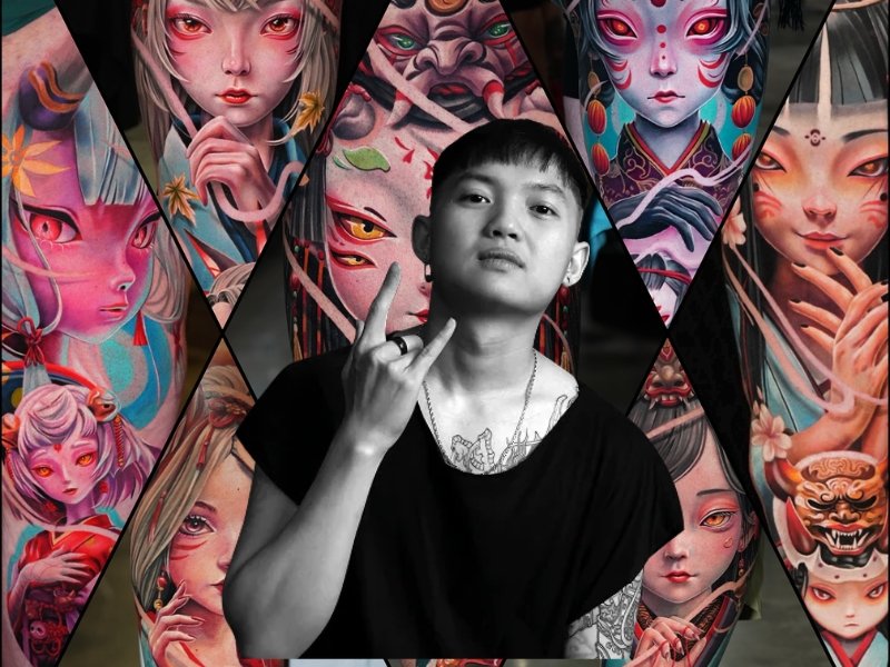 Minh Pham with signature tattoo style Evil Doll