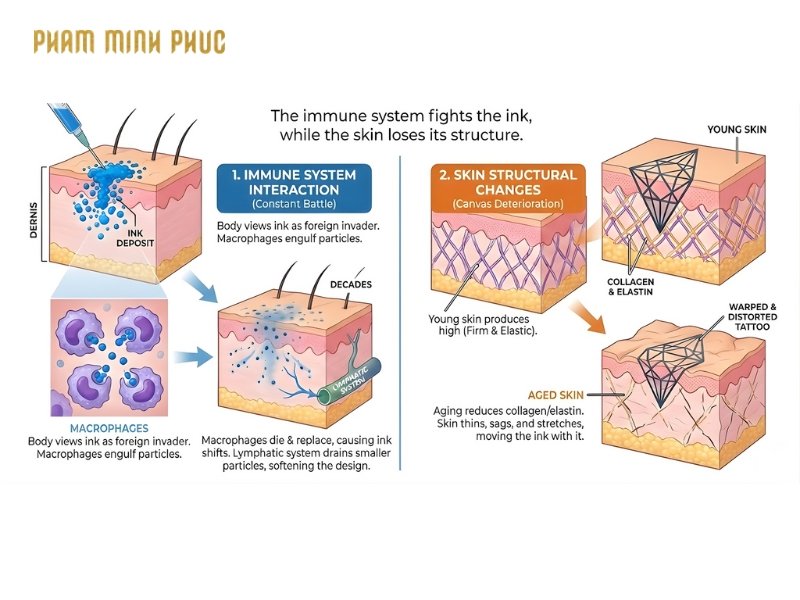 Tattoo aging happens as your immune system breaks down ink and your skin loses structure over time.
