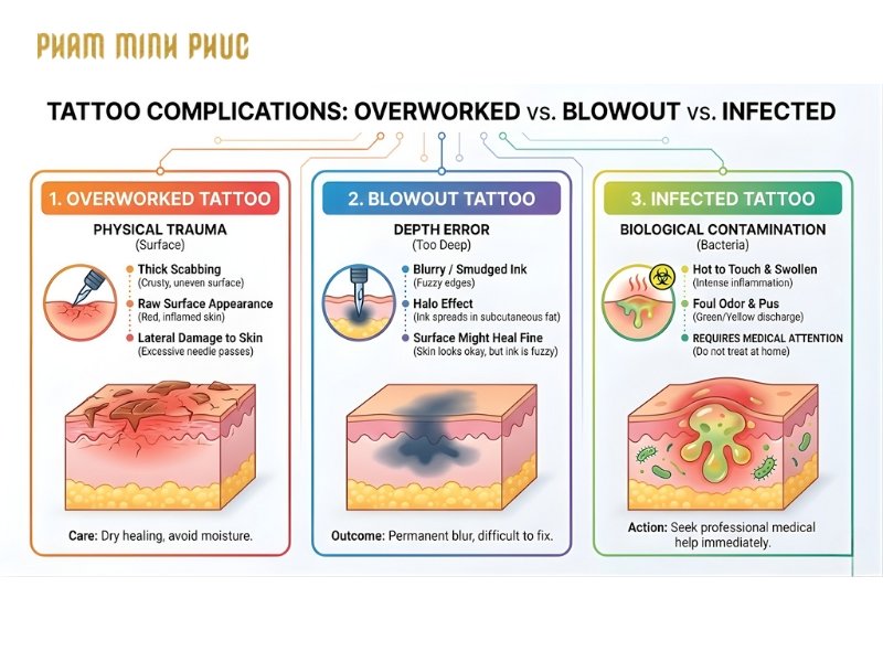 difference between overworked, infected, and blowout tattoos
