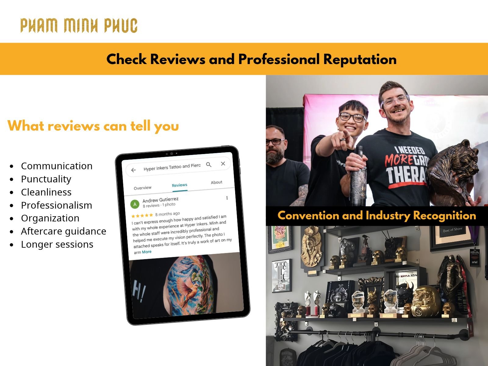 Google review of Hyper Inkers on a tablet, Minh Pham receiving an award at a tattoo convention, and award trophies on a studio shelf