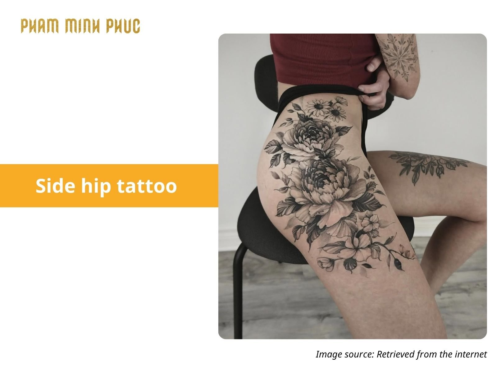 black and grey floral side hip tattoo