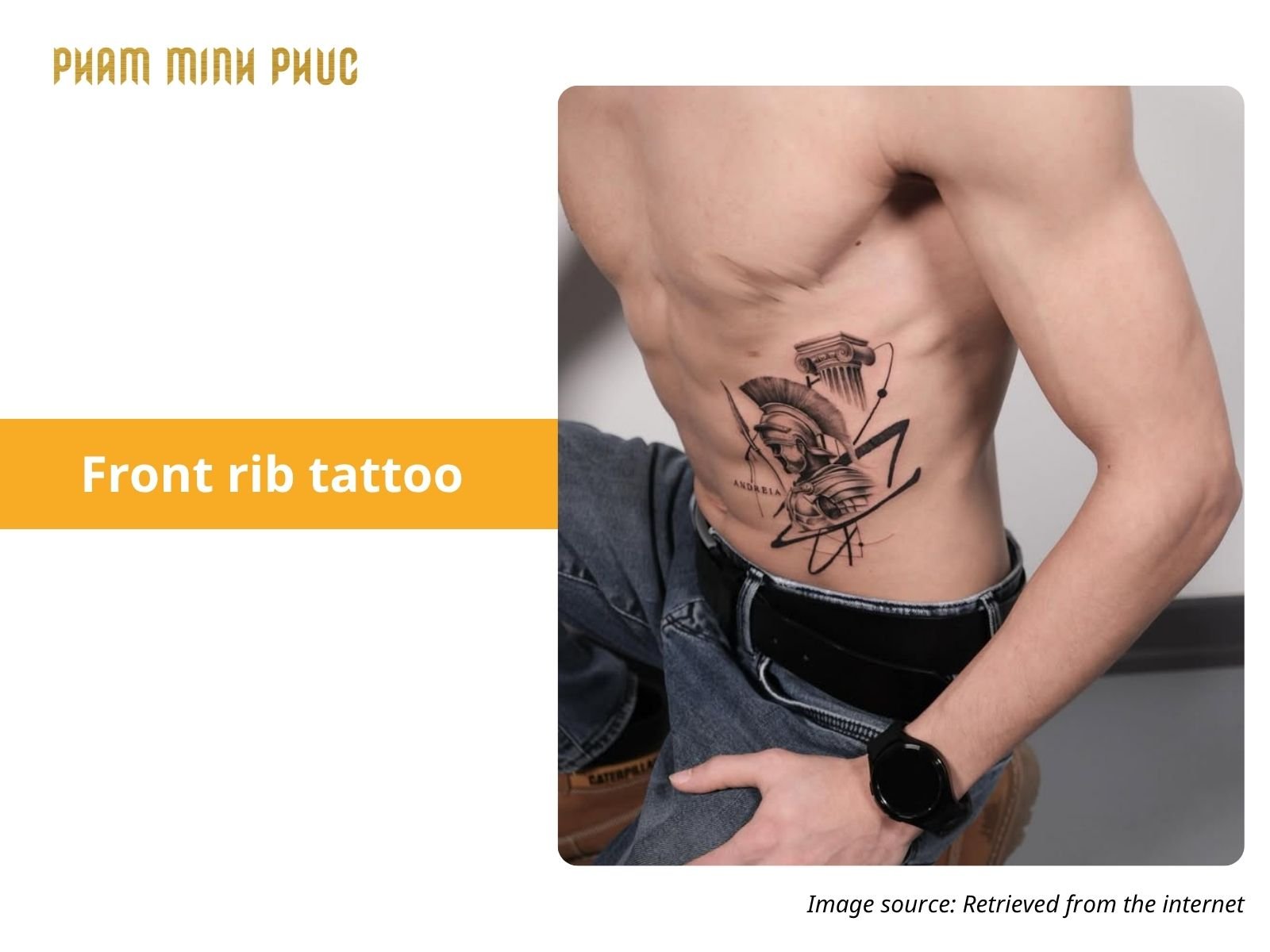 black and grey front rib tattoo