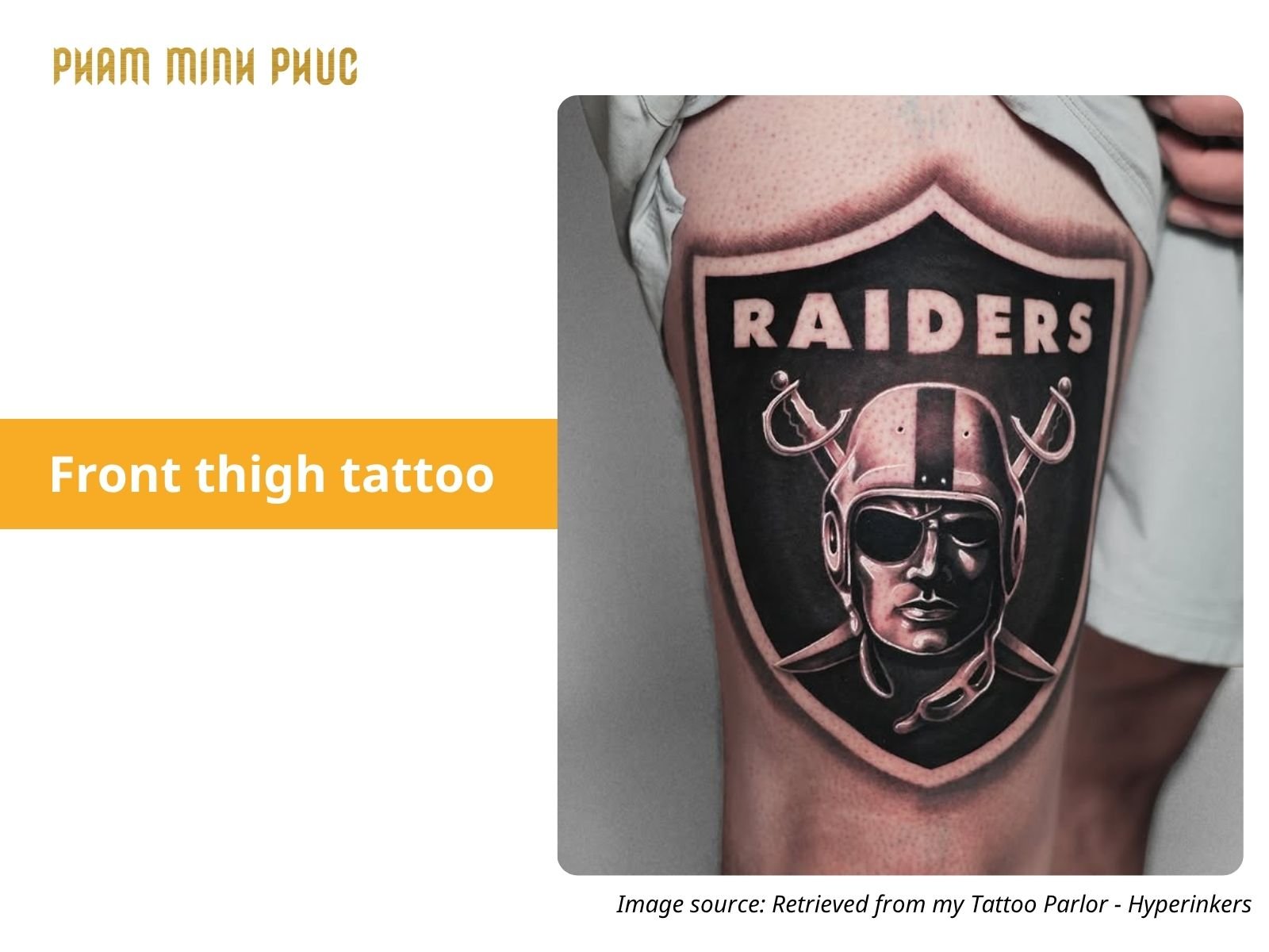 black and grey front thigh tattoo