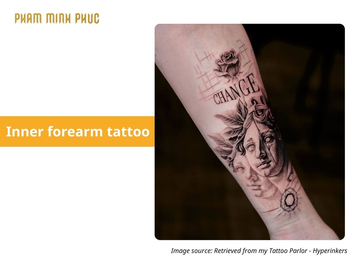 black and grey inner forearm tattoo