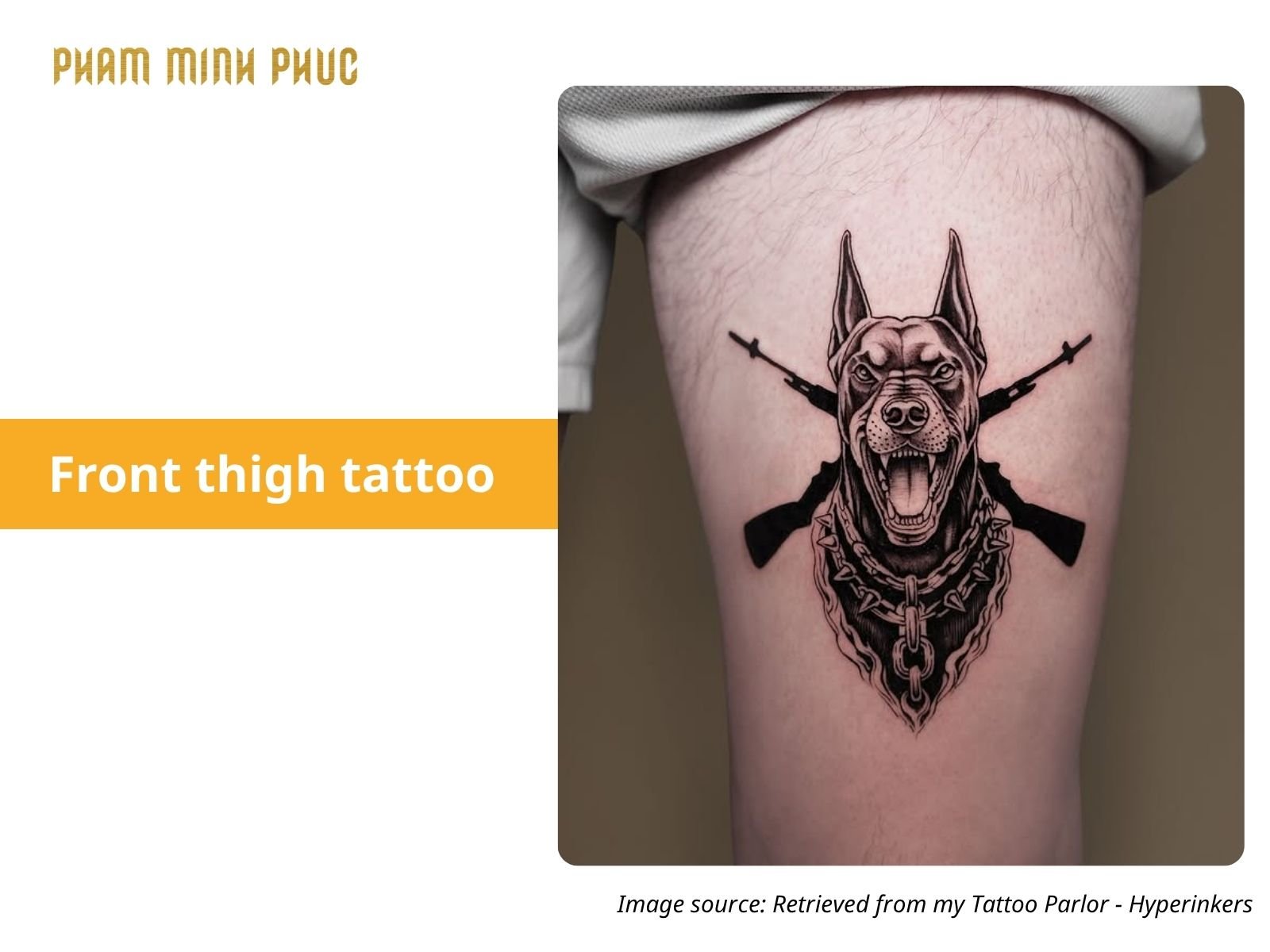 dog front thigh tattoo