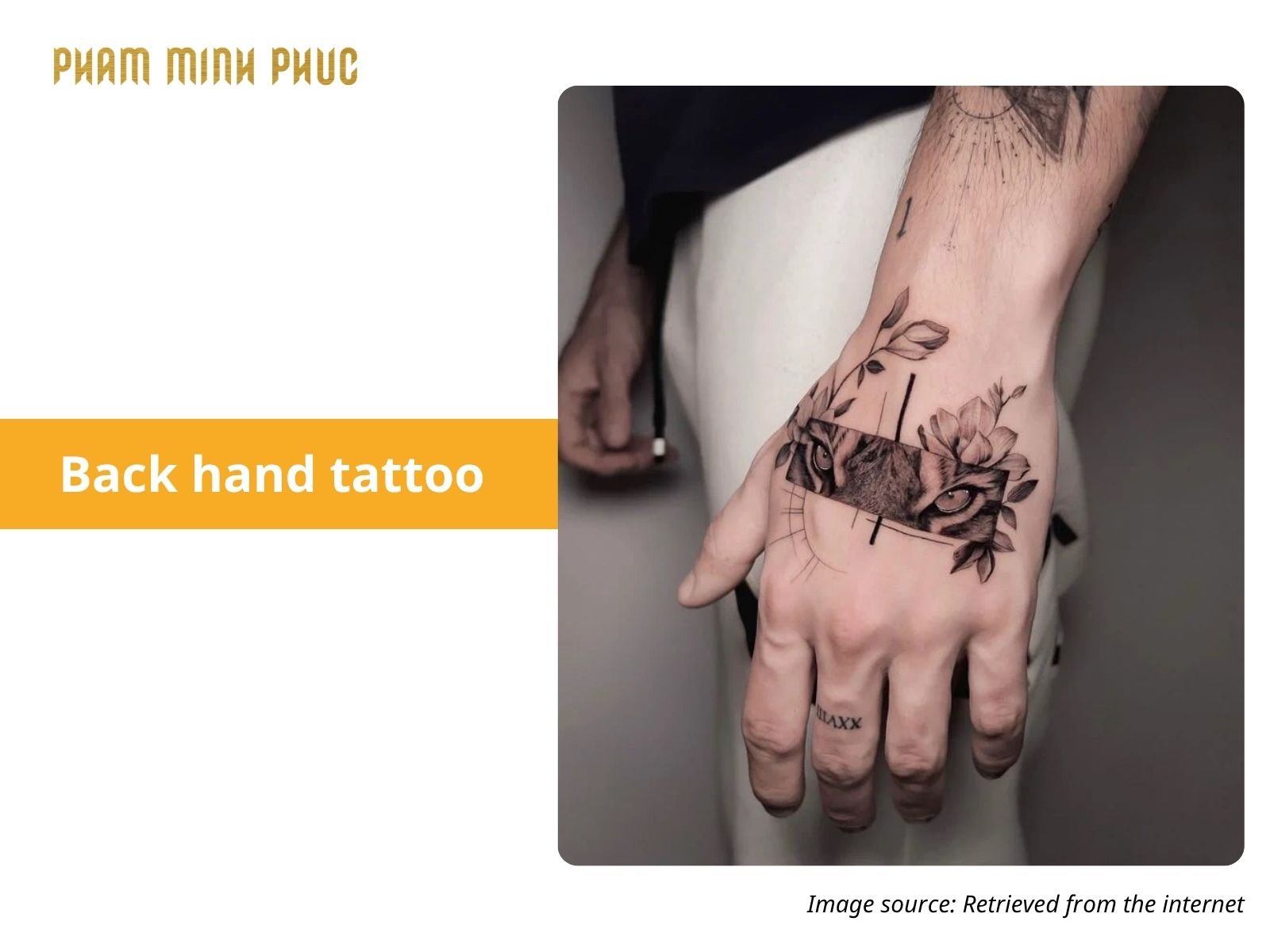 geometric botanical back hand tattoo