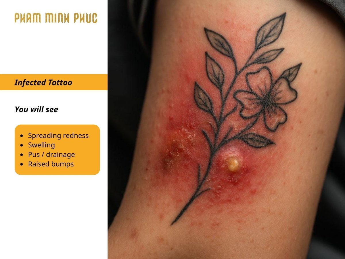 Infected tattoo with spreading redness swelling raised bumps and pus drainage