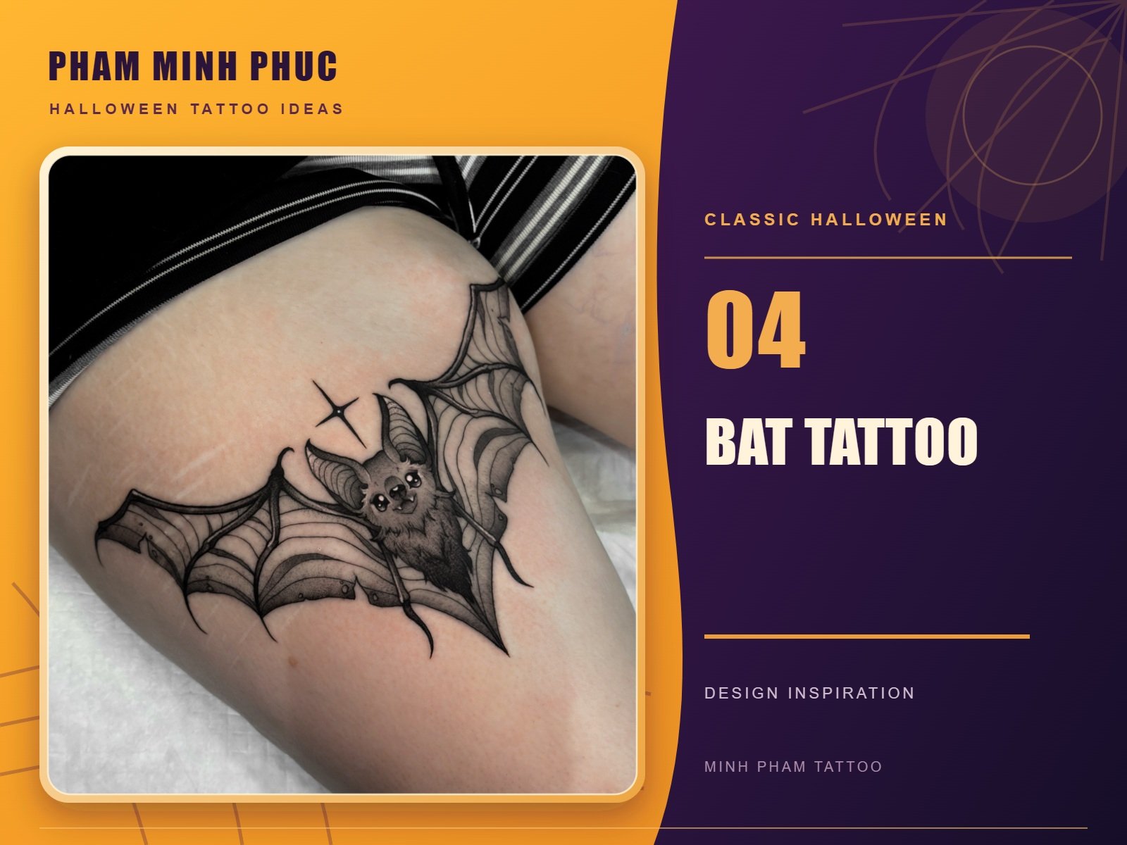 Blackwork bat tattoo with wings spread wide on the thigh