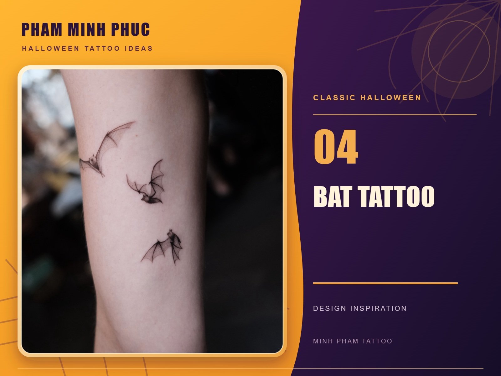 Three small fine line flying bats tattooed on the arm