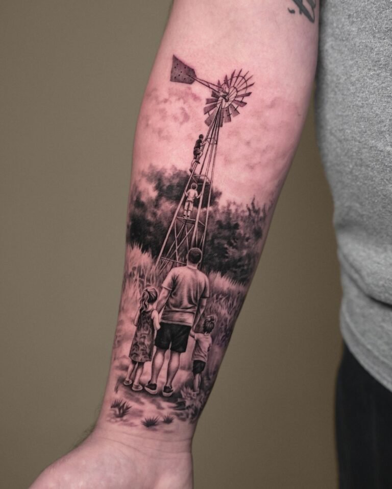 Black and grey realism forearm sleeve tattoo of a father and his children at a farm windmill