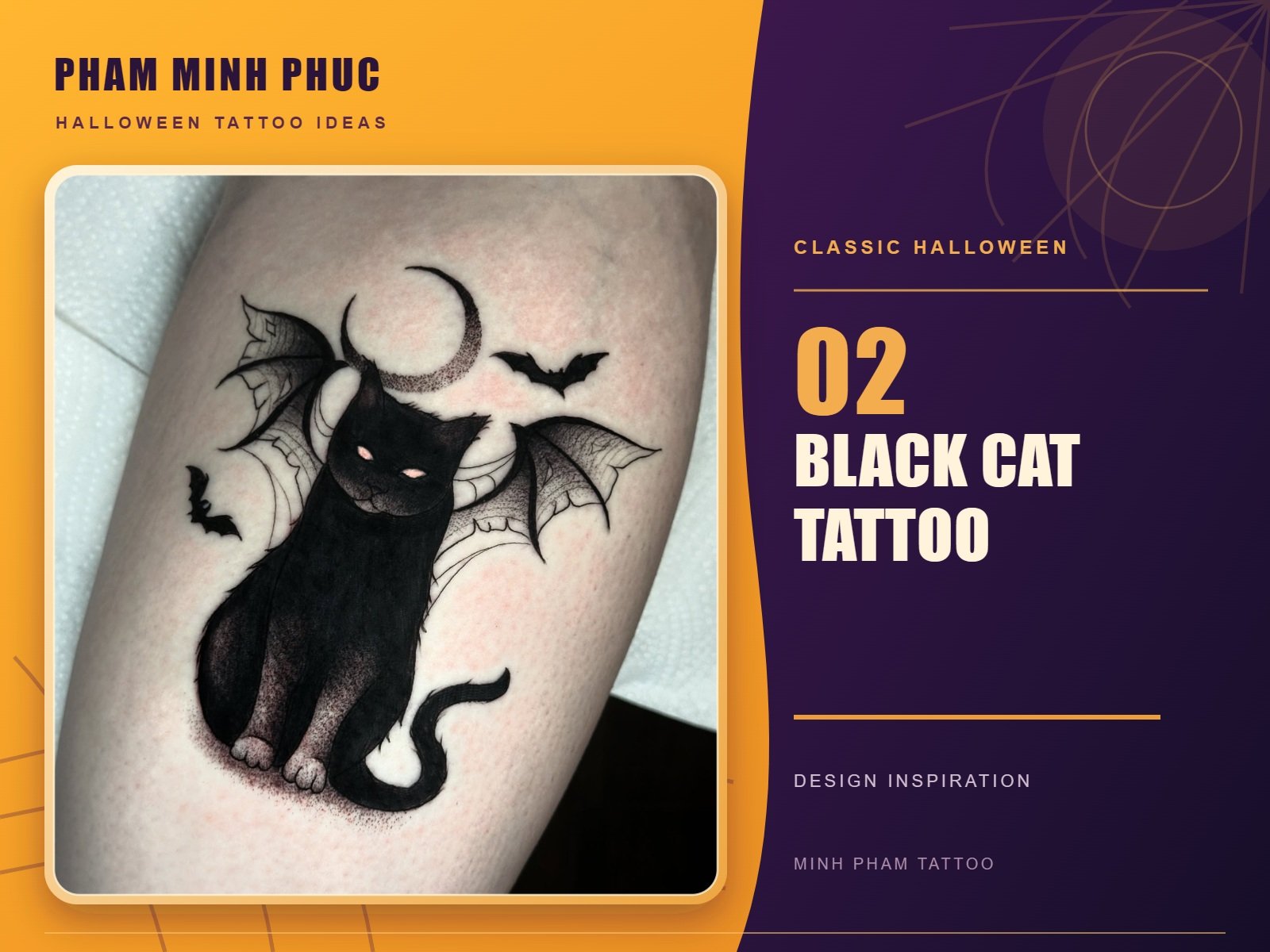 Black cat tattoo with bat wings, orange eyes, and a crescent moon above its head