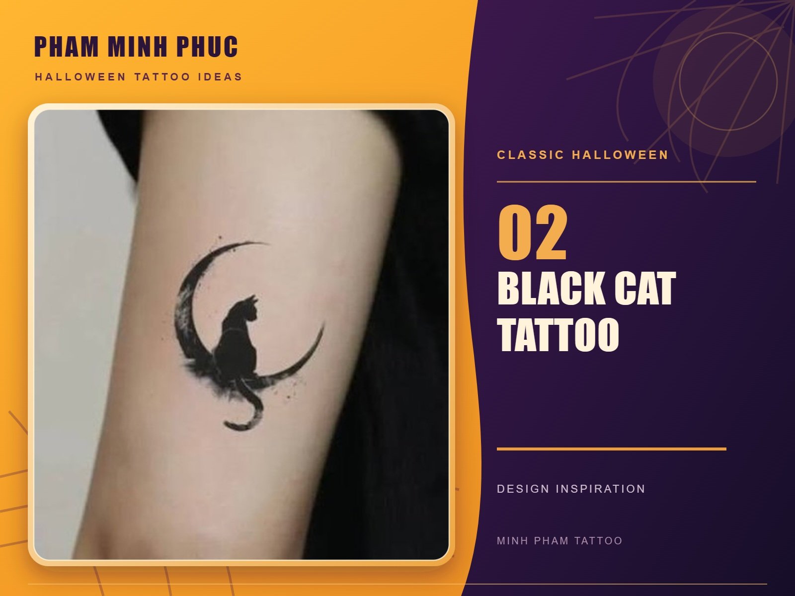 Fine line black cat silhouette sitting on a crescent moon, arm tattoo