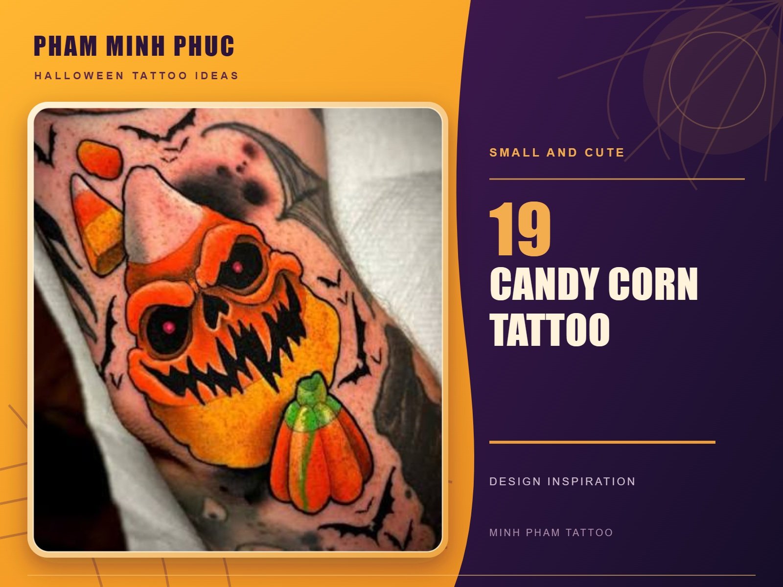 Neo-traditional color jack-o'-lantern tattoo with candy corn horns and bats