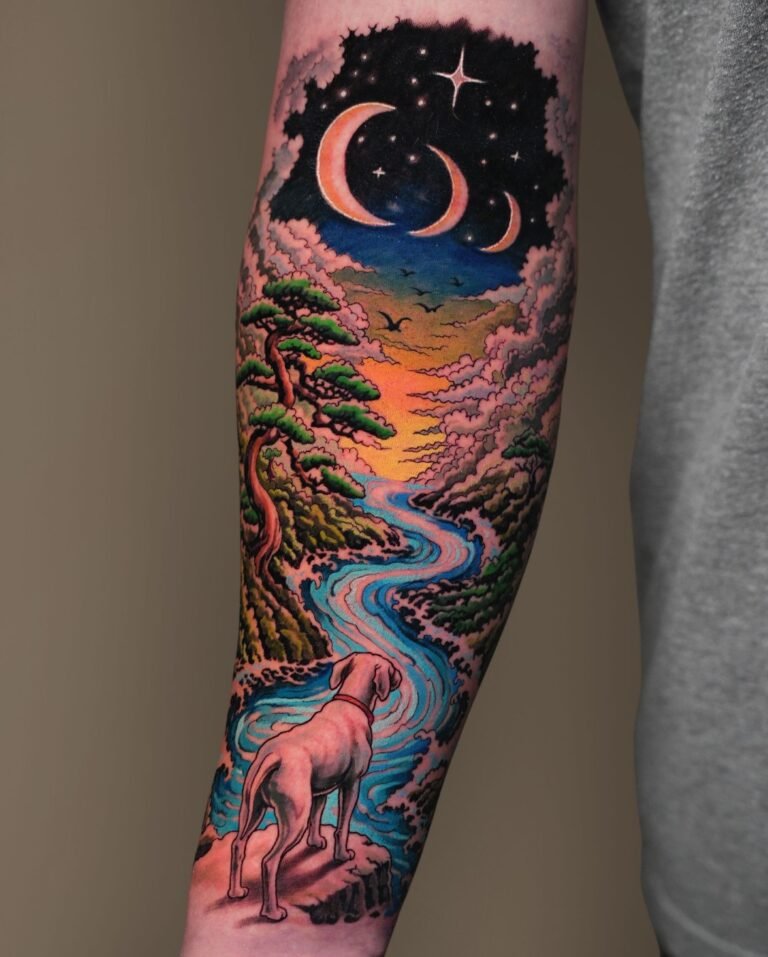 Color fantasy forearm sleeve tattoo of a dog watching a winding river under three crescent moons