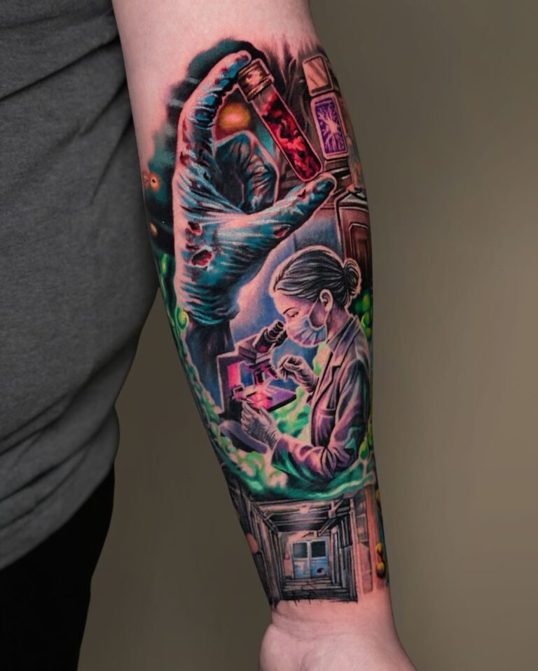 Color fantasy forearm sleeve tattoo of a masked scientist at a microscope and a hand holding a blood vial