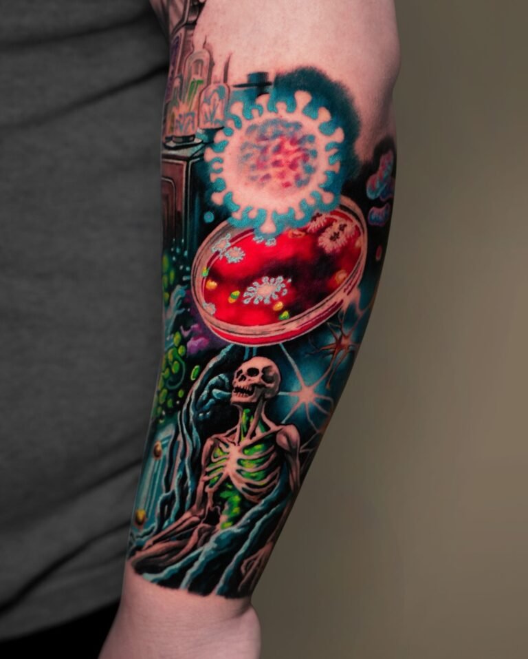Color fantasy forearm sleeve tattoo of a virus, a red petri dish and a glowing skeleton