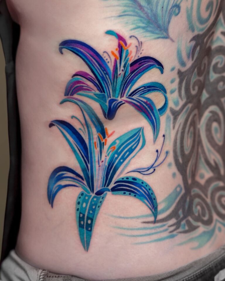 Color lily flower tattoo on the ribs in blue and purple with fine line stamen details
