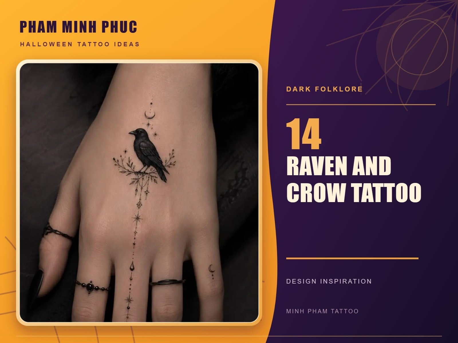 Fine line crow tattoo on the back of the hand with moon phases and dots