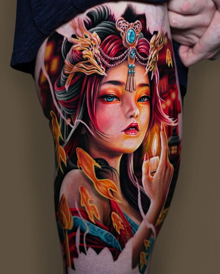 Evil Doll color tattoo on the thigh of an Asian goddess holding a candle among golden goldfish