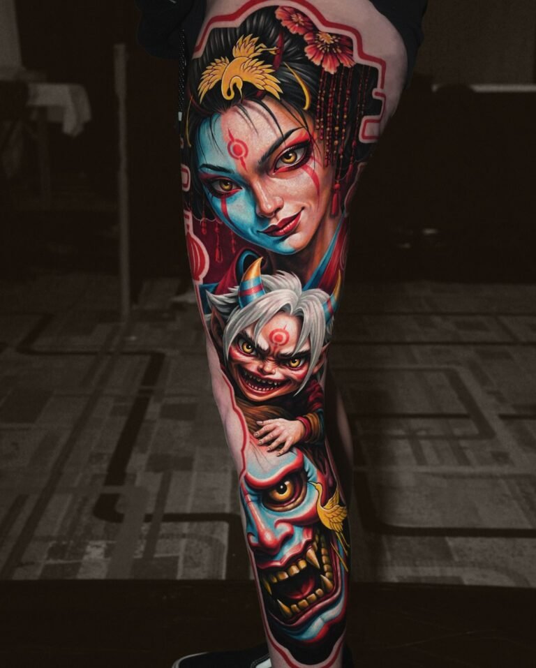 Evil Doll color tattoo on a full leg with a blue-faced geisha, a grinning horned demon child and a hannya mask