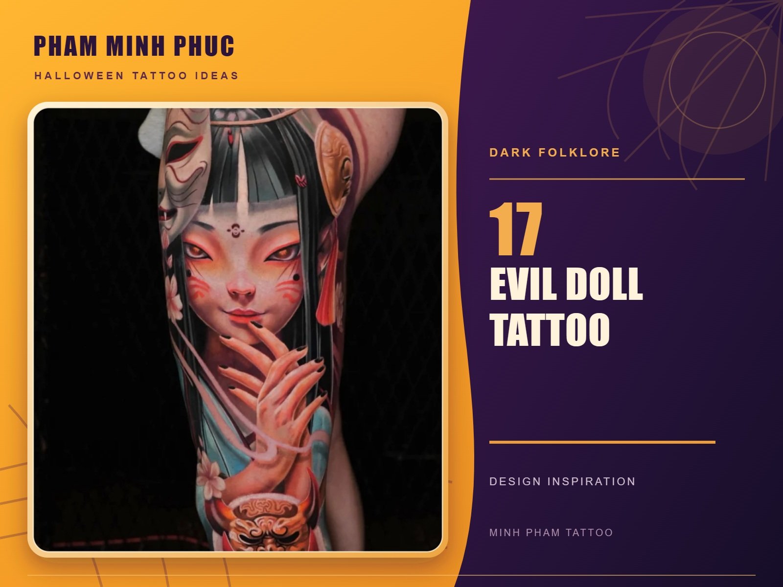 Evil Doll tattoo by Minh Pham, a color doll girl with a kitsune mask on the leg