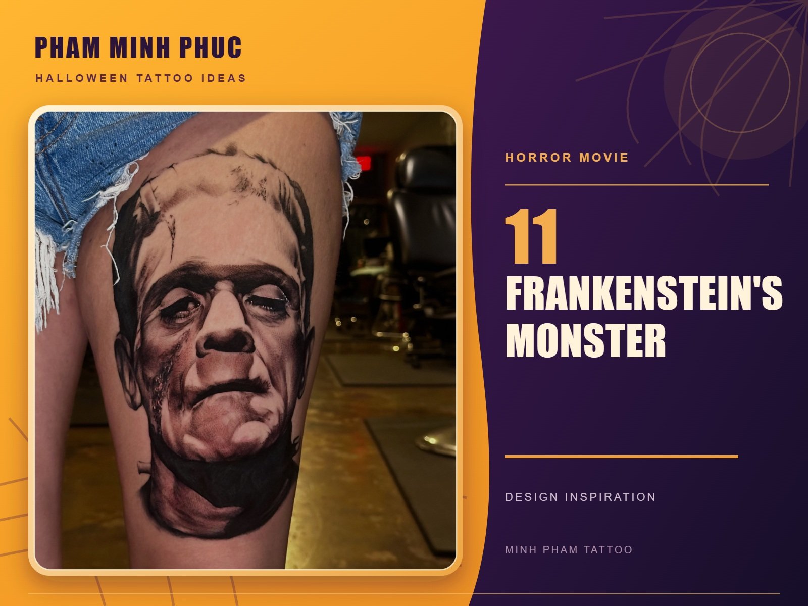 Realistic black and grey Frankenstein's monster portrait tattoo on the thigh