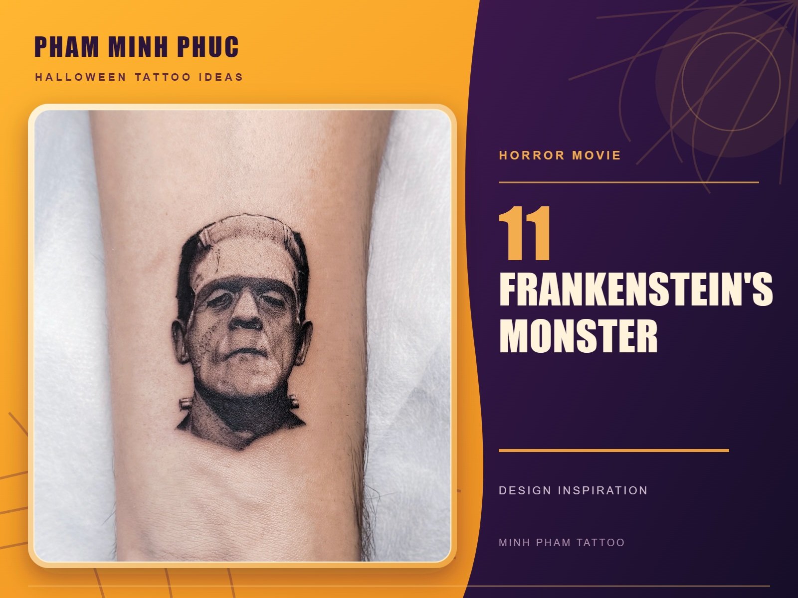 Small black and grey Frankenstein's monster portrait tattoo on the forearm
