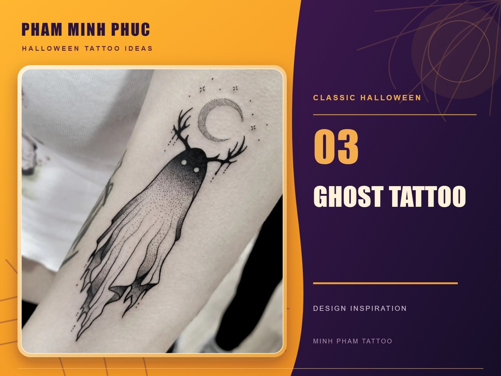 Dotwork ghost tattoo with antlers and a crescent moon on the forearm