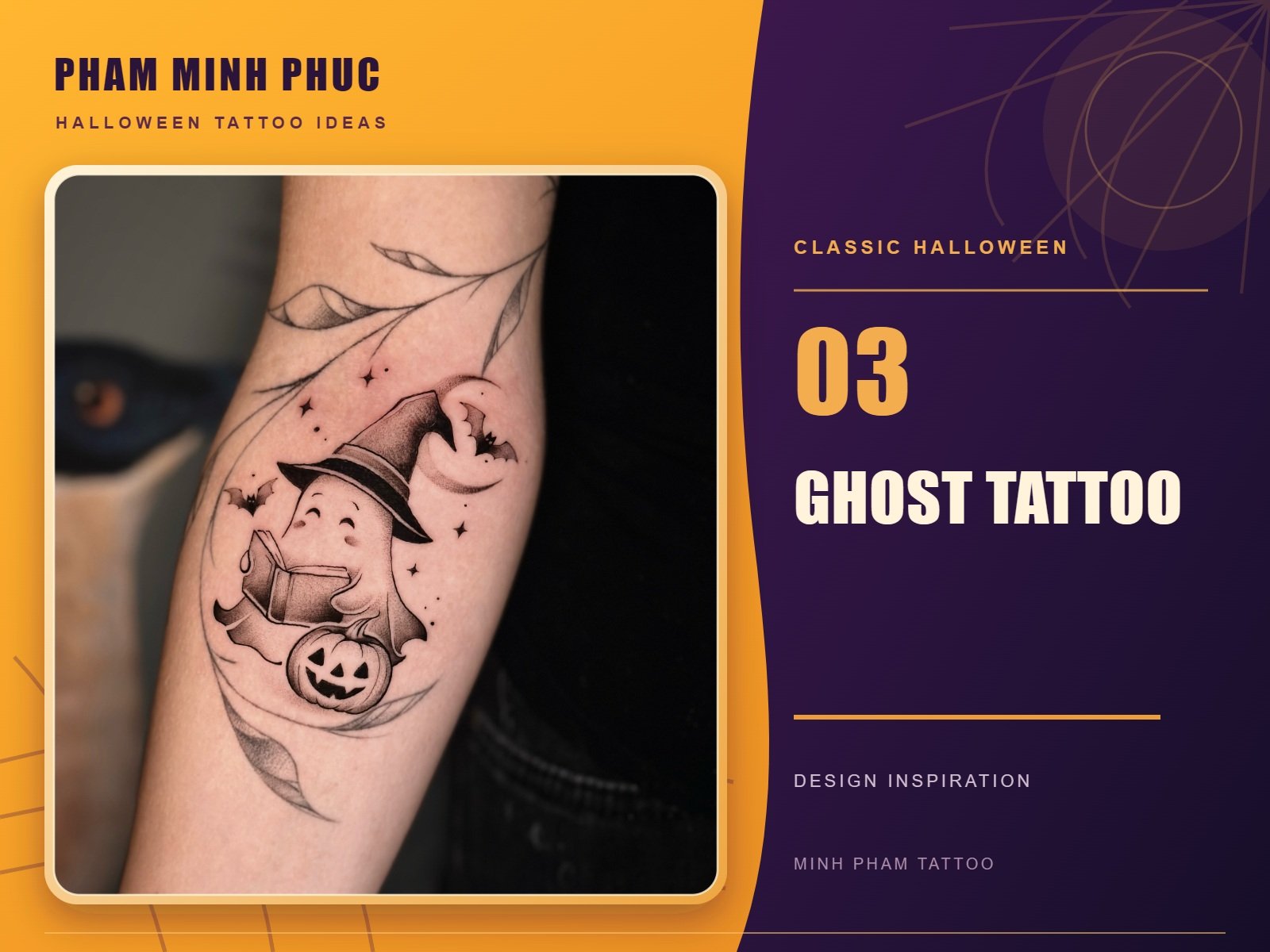 Fine line cute ghost tattoo in a witch hat reading a book beside a pumpkin