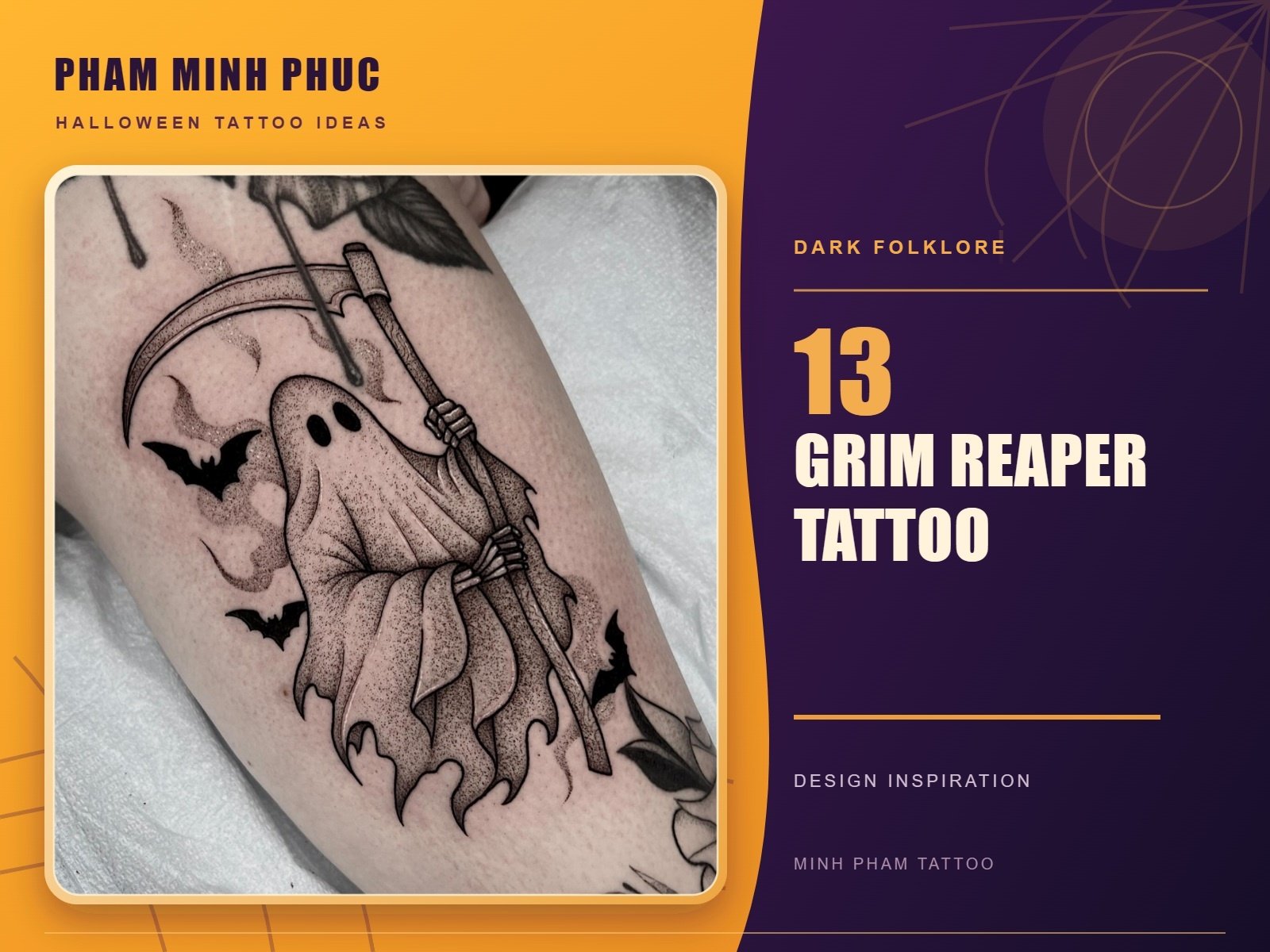 Dotwork grim reaper tattoo shaped like a sheet ghost holding a scythe, with bats