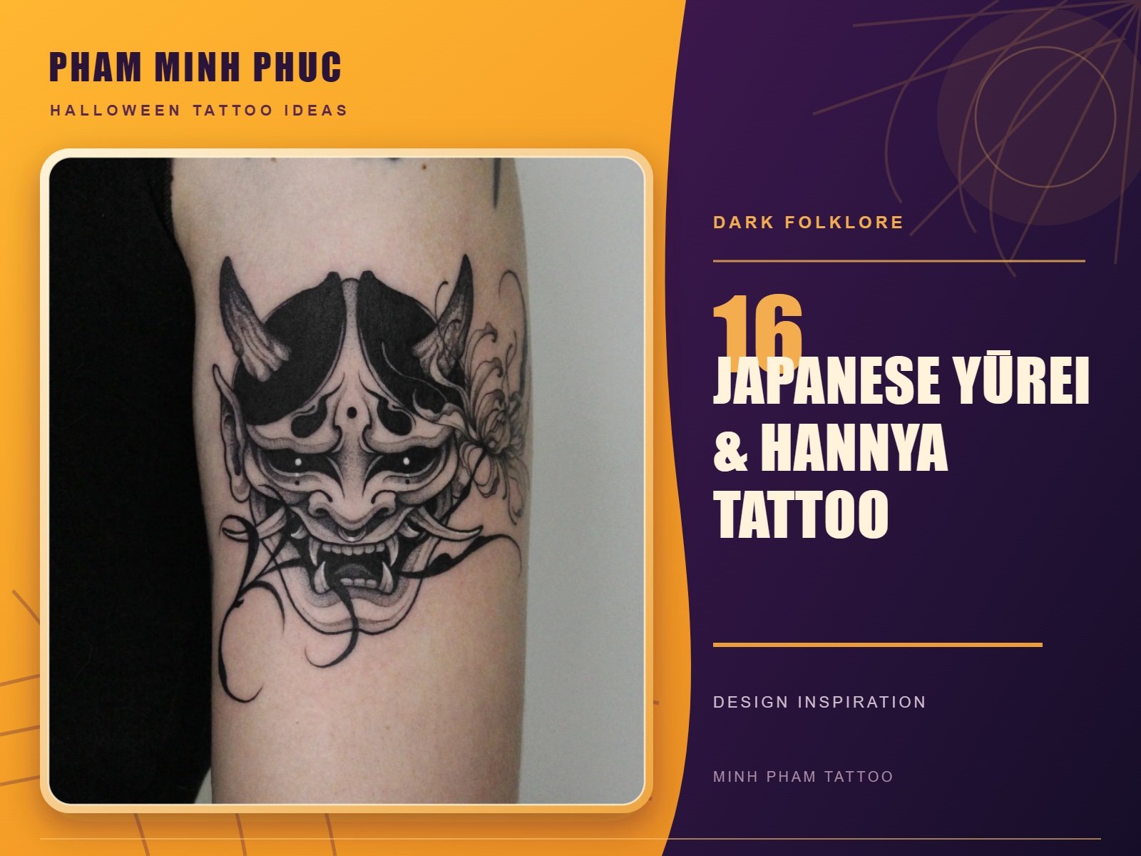 Black and grey hannya mask tattoo with horns and a flower on the forearm
