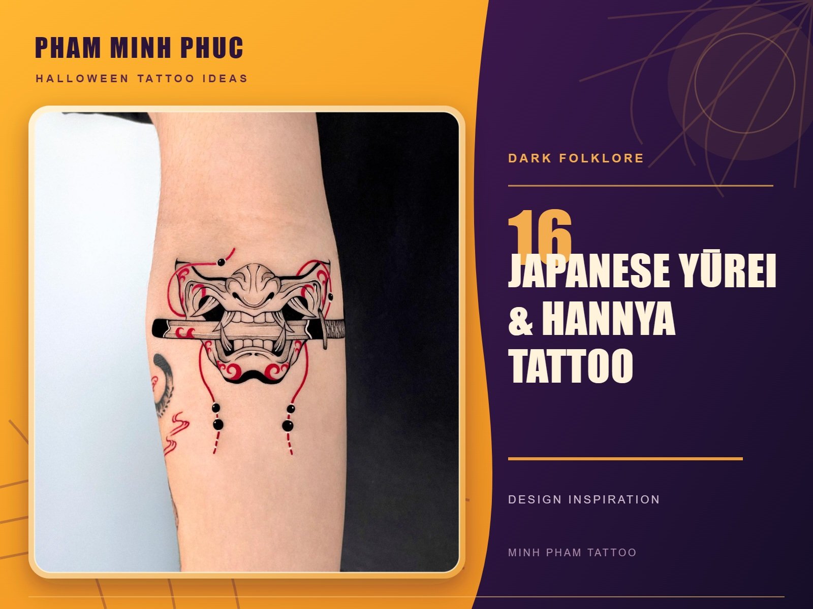 Red and black hannya mask tattoo with a katana and tassels on the forearm