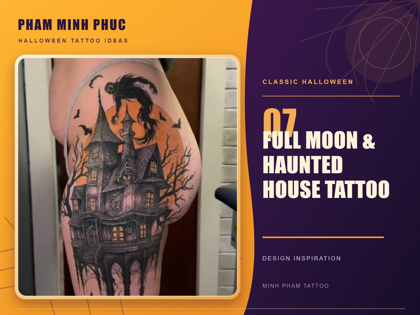 Color haunted house tattoo against an orange full moon with bats on the hip and thigh