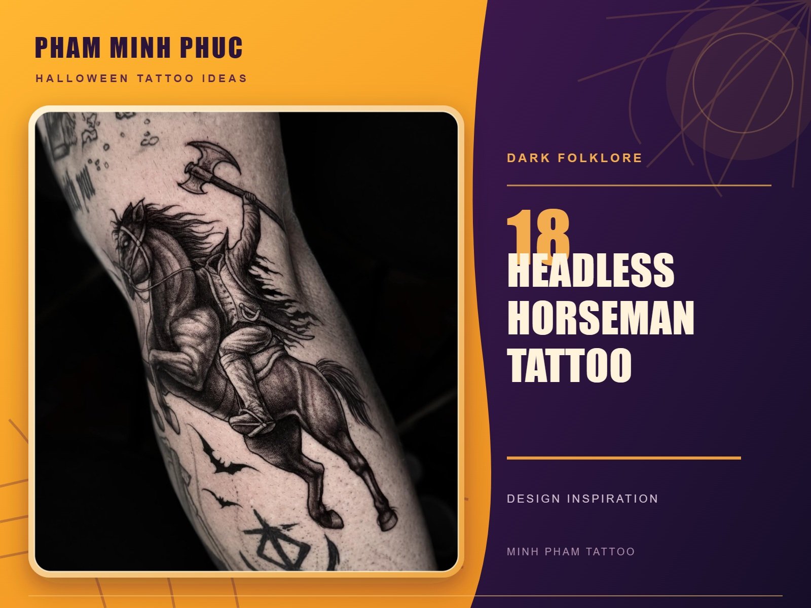 Black and grey Headless Horseman tattoo on a galloping horse holding an axe