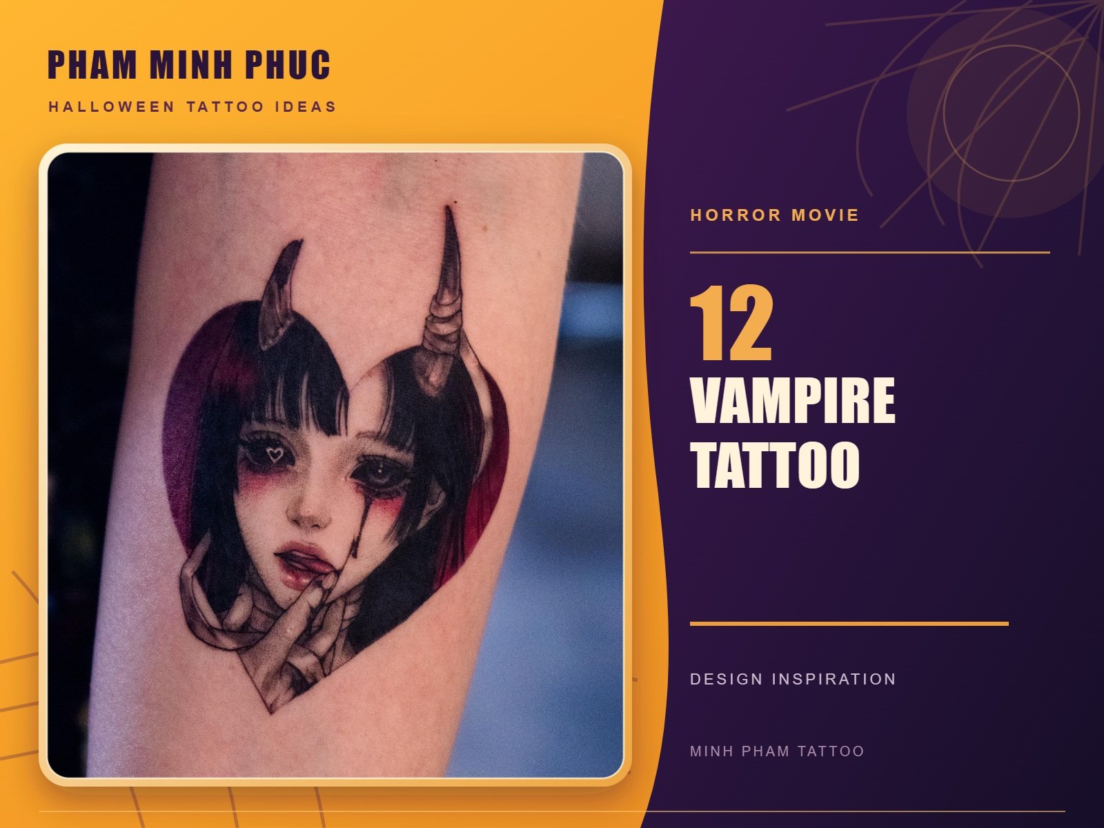 Black and grey horned girl portrait tattoo with red accents inside a heart frame