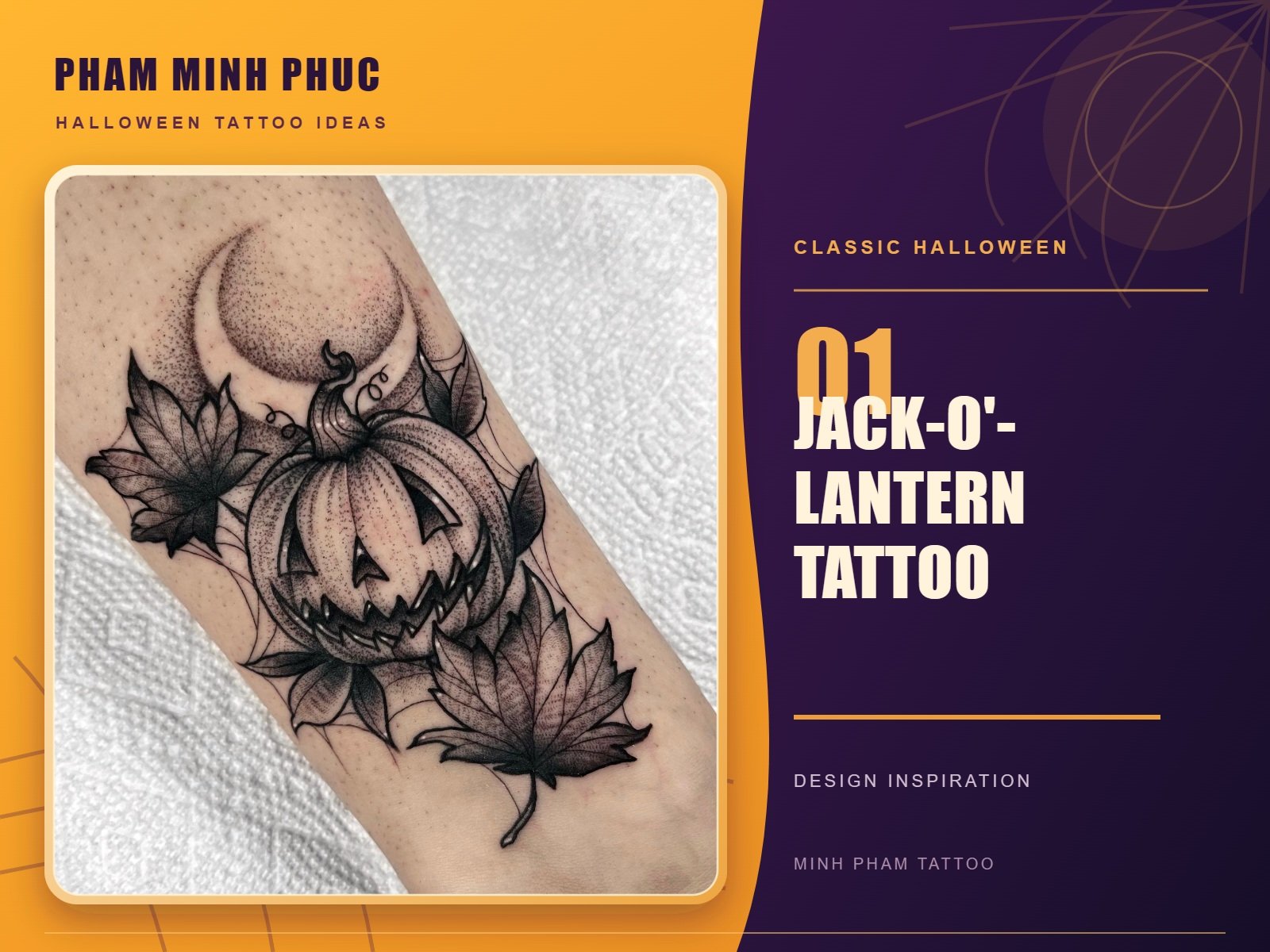 Blackwork jack-o'-lantern tattoo with a crescent moon and maple leaves on the forearm