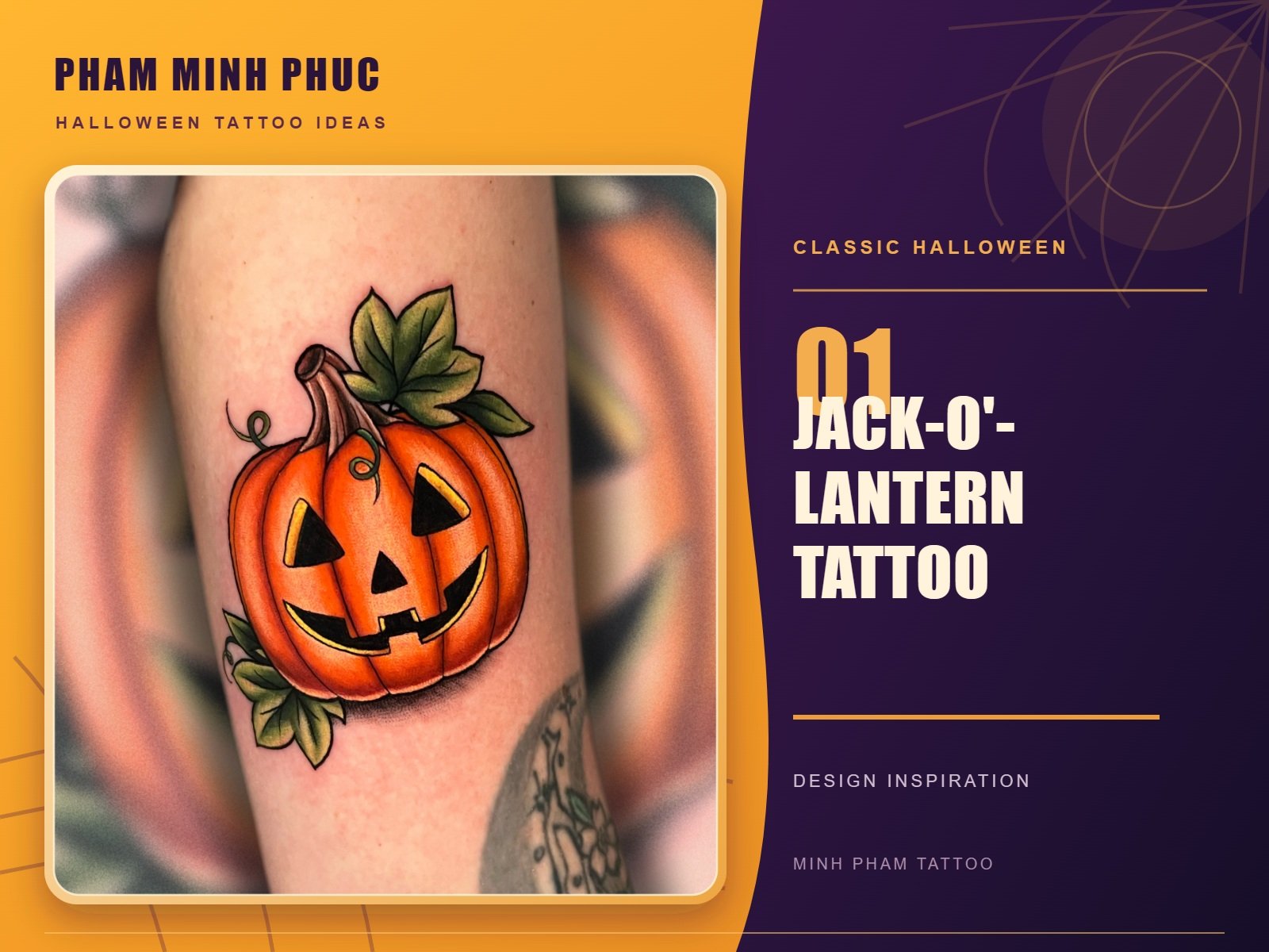 Neo-traditional color jack-o'-lantern tattoo with green leaves and a curled stem